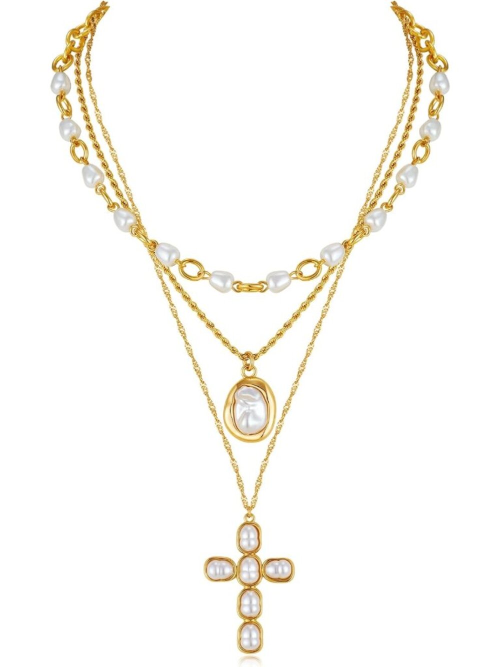 Chic Gold Layered Cross Necklace with Imitation Pearls | Stackable Multi Strand
